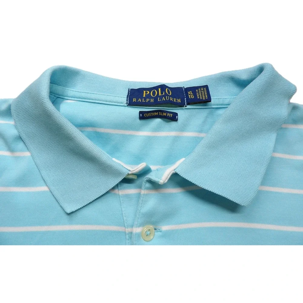 Polo Ralph Lauren Men XL Custom Slim Fit Mesh Polo Blue Striped Red Pony Cotton